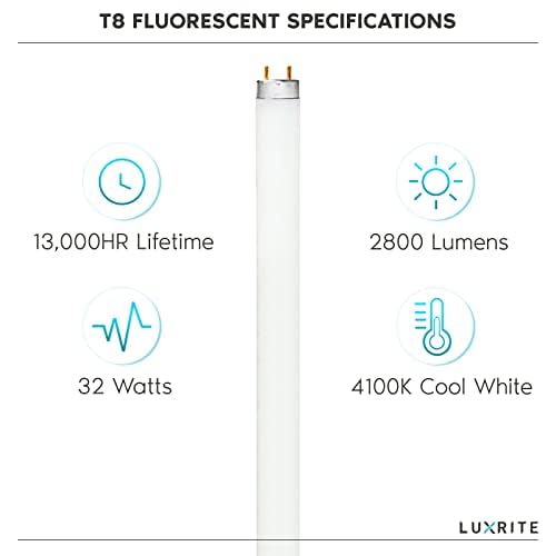 Image of Luxrite F32T8 /741 32W 48 Inch T8 Fluorescent Tube Light Bulb, 4100K Cool White, 2850 Lumens, G13 Medium Bi-Pin Base, LR20732, 10-Pack