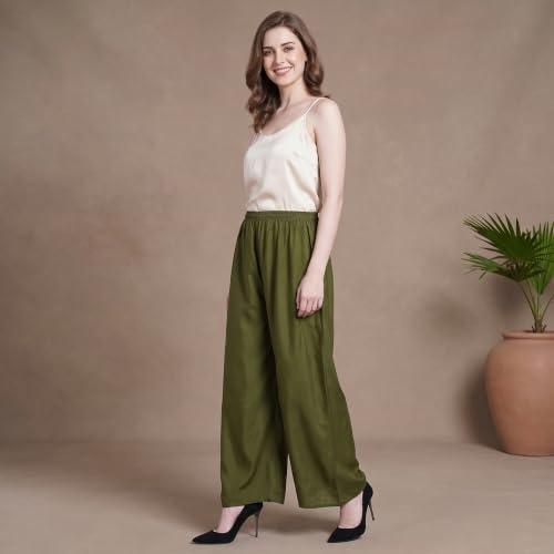 Image of FASHION GALLERY Women's Solid Rayon Palazzo Pants | Relaxed Fit Full Length Wide Leg Palazzo | Elastic Waist Comfortable Casual Lounge Office Ethnic Flared Trousers for Women