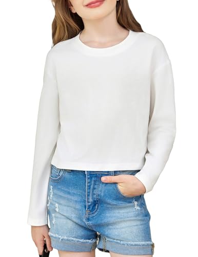 Image of Arshiner Girls Crop Tops Long Sleeve Shirts Drop Shoulder Crewneck Casual Fashion T Shirts Tee