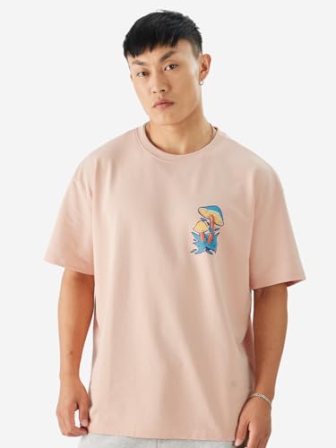 Image of The Souled Store Trippin' Good Men and Boys Short Sleeve Round Neck Pink Graphic Printed Cotton Oversized T-Shirts