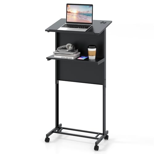 FANTASK Atril con Ruedas, Mesa de pie móvil, Altura Regulable, con Tablero Inclinado y Superficie de Almacenamiento, Mesa para portátil, Atril para Ceremonias, conferencias en el Aula (Negro)