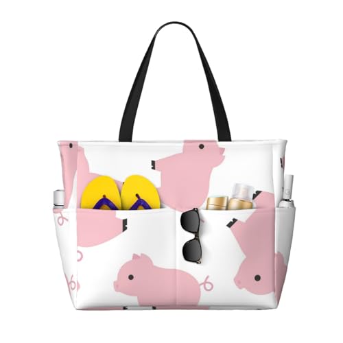 Grand sac de plage cochon rose pour femme : grand sac fourre-tout à poignées