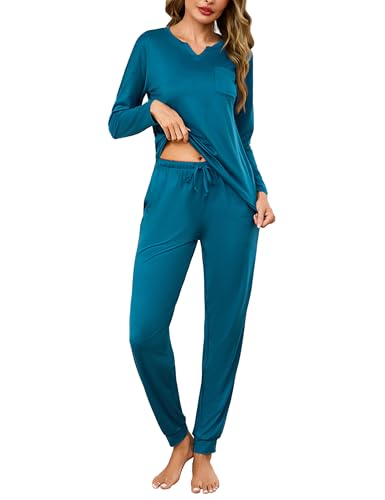 Bresdk Pijama Mujer Invierno Conjunto Pijama Largo con Bolsillos Pijamas Mujer Manga Larga Cuello en V Cómodo Ropa de Dormir Pjs Lounge Wear para Casa, Viaje o Regalo Azul Pavo Real 3XL