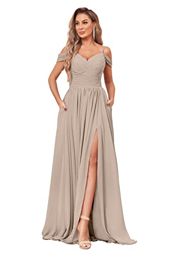 Image of BOLENSYE Off the Shoulder Bridesmaid Dresses with Pockets Ruched Chiffon Long Slit Formal Evening Gown