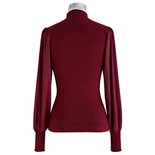 Image of CHICWISH Women's Mock Neck Satin Spliced Bubble Sleeves Knit Top