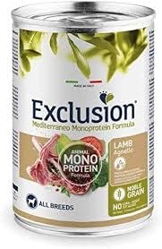 Exclusion Monoproteico All Breeds adult, alimento completo per cani adulti di tutte le taglie, monoproteico, gusto AGNELLO | 6 scatolette da 400 grammi l'una.