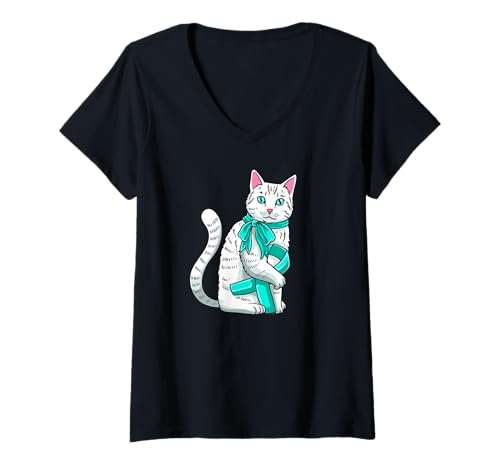 Mujer Tourette's Awareness - Soporte de cinta de gato, color verde azulado Camiseta Cuello V