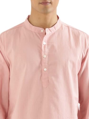 Image of SAADAA Men's Short Kurta - Linen Cotton Blend, Airy Fabric, Regular Fit, Mandarin Collar, Solid Color - Casual, Festive & Ethnic Wear