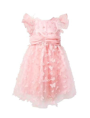 Girls Dress Pink Feather Decor Party Dress Ruffle Sleeve Tuller Dresses for Girls Festival