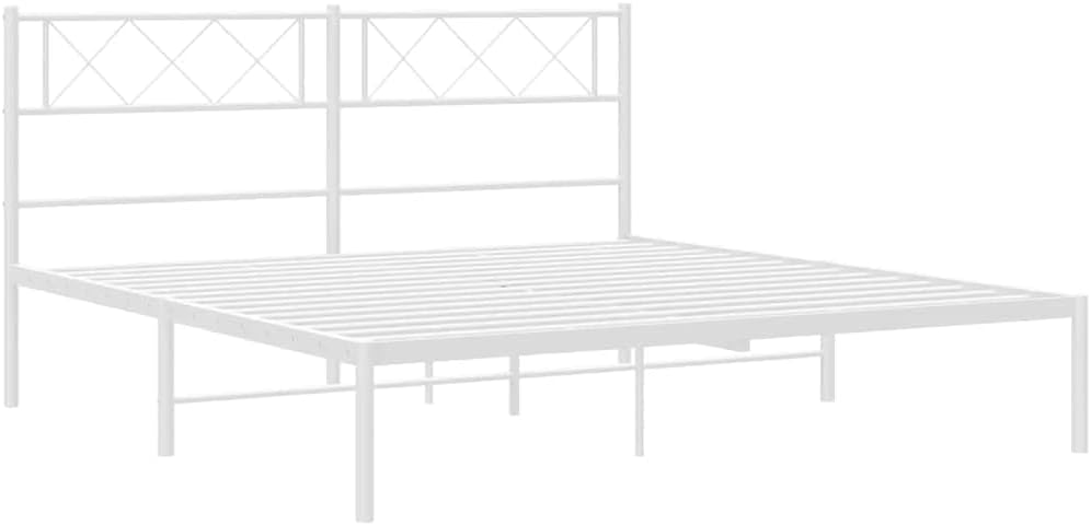 White Metal Bed Frame with Powder-Coated Steel, 55.9 x 77.2 in, Sturdy Platform Foundation with Headboard, Easy Assembly, No Box Spring Needed, Durable Slatted Design for Bedroom Storage