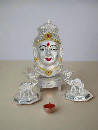 indiancraftsbykanika german silver lakshmi face with chowki stool and 2 elephant diya for vara lakshmi pooja/diwali
