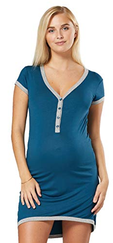 Preisvergleich Produktbild HAPPY MAMA. Damen Umstands-Nachthemd mit Stillfunktion. Stillshirt Kurzarm. 981p (Flaschengrün und Grau Meliert, 36-38, M)