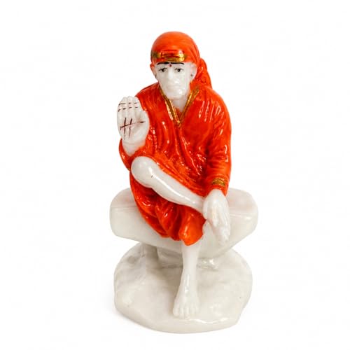 Image of eCraftIndia Sai Baba Idol for Home Temple | Marble Finish Shirdi Sai Baba Murti | Spiritual Decorative Showpiece for Home Decor & Gifting | Orange & White Finish
