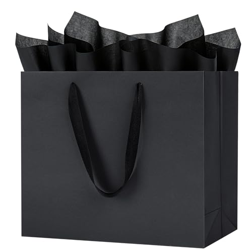 Shintop 5pcs Medium Gift Bags with Tissue Paper, 11.8x3.9x9.8 in (Black)