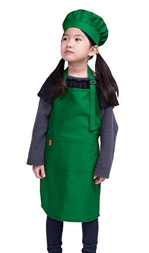 ALIPOBO Kids Apron and Chef Hat Set, Children's Adjustable Bib Apron with 2 Pockets. Cute Boys Girls Kitchen Apron for Cooking, Baking, Painting, Training Wear (6-12 Year, Green)