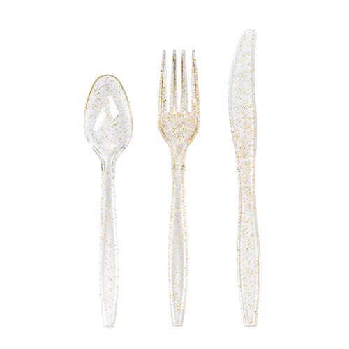 MATANA 300 Gold Glitter Clear Plastic Silverware with 100 Spoons 100 Knives 100 Forks, Heavy Duty Clear Plastic Cutlery Set Party Utensils for Wedding