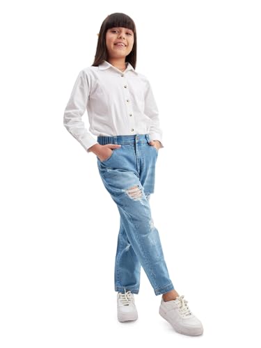 Image of olele Girls Super Jeans Collection for 4-14 Yrs | Stretchable Cotton Denim Trousers | Blue Jeans for Kids | Baggy Denim Pants | Cargo Pants for Girls