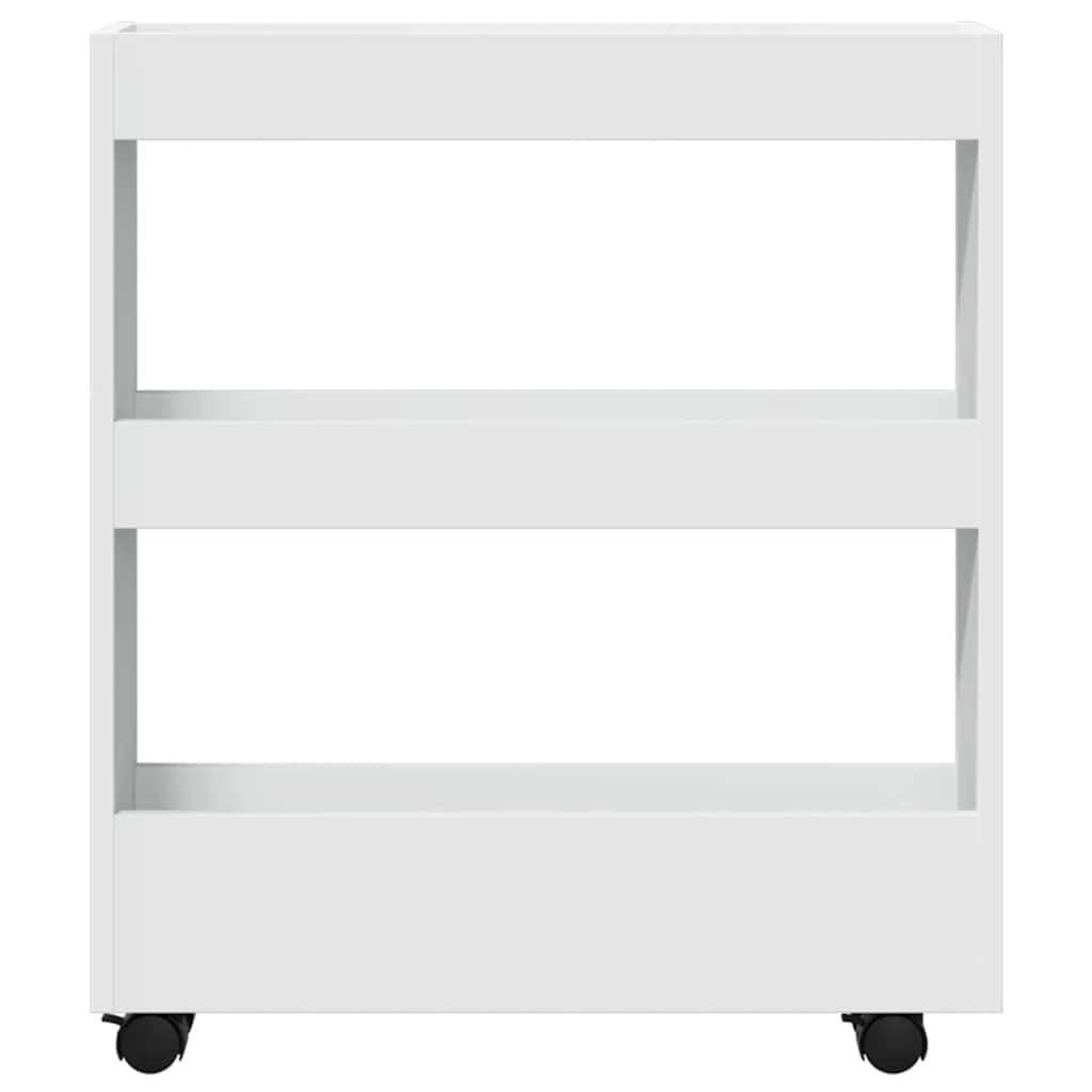 Carrito de almacenamiento estrecho de 3 pisos de madera blanca con 60 cm de ancho, versátil carrito de servicio con ruedas, ideal para cocina, baño y sala de estar, con ruedas estables y gran