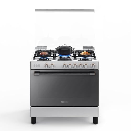 TOSHIBA 90x60 cm Freestanding Gas Cooker, 115L Oven with 5 burners, Full-Safety, Auto Ignition, ast Iron Pan Support, Glass Top Lid, Stainless Steel, RL2-90G5GE(MR)