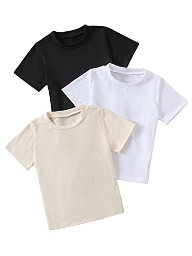 Verdusa Toddler Boy's 3 Pack Basic Short Sleeve Round Neck T Shirt Tee Top Black Khaki White 120 #TOP26