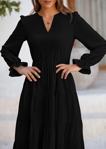 PRETTYGARDEN Long Sleeve Dress for Women 2025 Fall V Neck Tiered Aline Spring Elegant Modest Flowy Wedding Guest Maxi Dresses