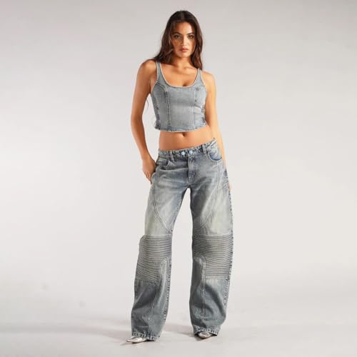 Mandonce Barrel Jeans for Women, Blue, Wide Leg, Mid Rise, Striped Patchwork, Cargo Style, Trendy Y2K Jeans2