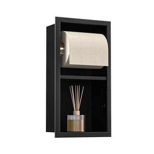 Bernkot Unterputz-Toilettenpapierhalter Edelstahl, WC Badezimmerschrank mit Toilettenpapierhalter Halterung, Klopapierhalter mit aufbewahrung, 34×18×10cm, Schwarz