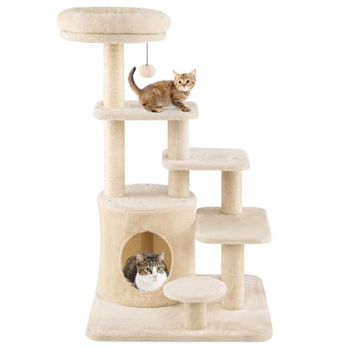 COSTWAY Kratzbaum Holz, 102 cm, Katzenbaum Höhle, gepolsterter Sitzstange, Sisal- Kratzpfosten & Plattformen, 7- stöckiges Kletterbaum, Katzenkratzbaum Katzen, Beige