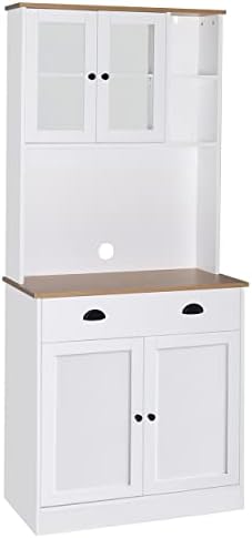 VEIKOUS 72" Kitchen Storage Cabinet, Freestanding Kitchen Buffet with Hutch w/Wide Countertop & Adjustable Shelves, Pantry Cabinets with Glass Doors, White