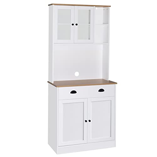 Veikous 72" Kitchen Storage Cabinet, Freestanding Kitchen Buffet With Hutch W/Wide Countertop & Adjustable Shelves, Pantry Cabinets With Glass Doors, White #TOP27