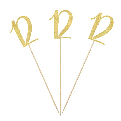 Gold Glitter 12th Birthday Centerpiece Sticks, 12-Pack Number 12 Table Topper Anniversary Party Decorations