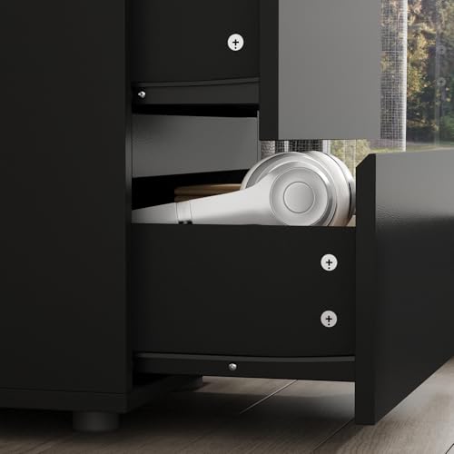 Image of Nightstand with 2 Drawers, Modern Bedroom End Table with No Handle, Wooden Bedside Storage Cabinet, Black 15.7 inch W x 18.9 inch H