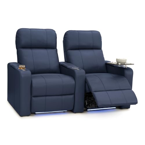 Image of Seatcraft Monterey Home Theater Seating Navy Blue Row of 2 | Italian Leather, Wall Hugger, Zero Gravity, Powered Headrest, Power Recline, Zero Gap, USB charging