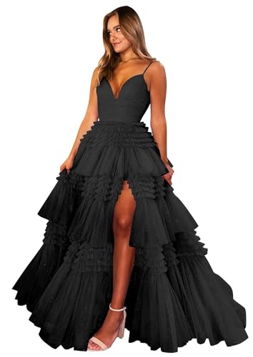IIF Glitter Tulle Prom Dresses for Women Ball Gown with Slit Long Spaghetti Strap Evening Dress IIF014