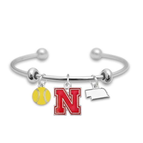From the Heart Nebraska Cornhuskers Softball Accent Charm Team Traditions Cuff Bracelet with Team Color Logo, Softball and State Accent Charm Officially Licensed Jewelry Fan NU