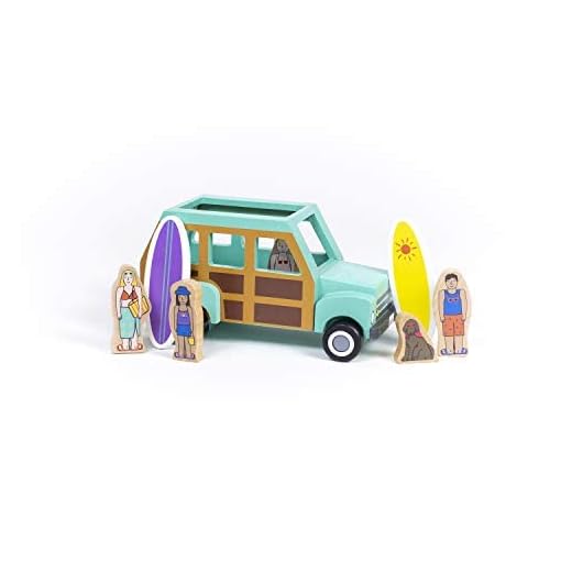 Jack Rabbit Surf's Up Dude Magnetic Van Creations – Classic Wooden Toy – Includes Woodie Wagon, Surfer Family, Beach Dog, and Surfboards - Develops Hand Eye Coordination & Motor Skills - 3+ Years