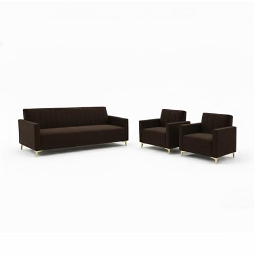 Image of Marvello 3+1+1 Fabric Sofa Set for Living Room | Soft Velvet Upholstery, Sturdy Wooden Frame | Stylish Sofa for Hall & Office Spaces (Dark Brown)