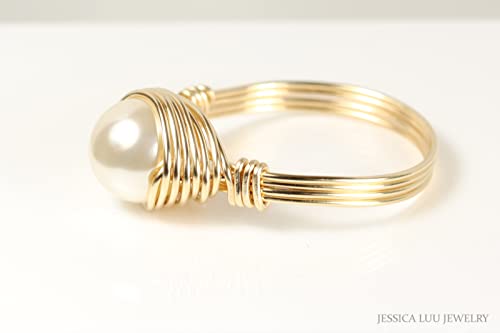 Ivory Nacre Pearl Solitaire Ring Gold Filled Wire Wrapped Handmade Jewelry #TOP3
