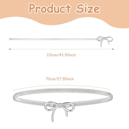 panthra 2 Pcs Metal Belts for Women, Skinny Stretchy Adjustable Waist Bow Belts for Women for Women's Dress Formal Jeans Shirt (Gold + Silver)2