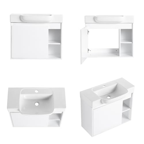 Image of 28 inch Bathroom Vanity with Ceramic Sink, Modern Wall-Mounted Bathroom Vanity with Soft-Close Door & 2 Open Storage Shelves, Farmhouse, Undermount Storage Cabinet, Easy to Clean, Glossy White