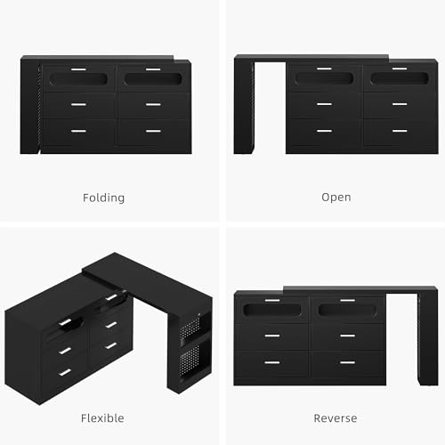 DWVO Vanity Table with RGB Lights, 360° Rotatable LED Drawer Dresser with 6 Drawers, Vanity Desk with Storage Cabinet and Charging Station for Bedroom, Executive Computer Desk for Workspace, Black
