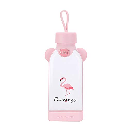 WFZ17 350ml Kawaii Water Bottle Square Cartoon Flamingo/Cactus/Sakura Glass Drinking Water Bottle Cup A
