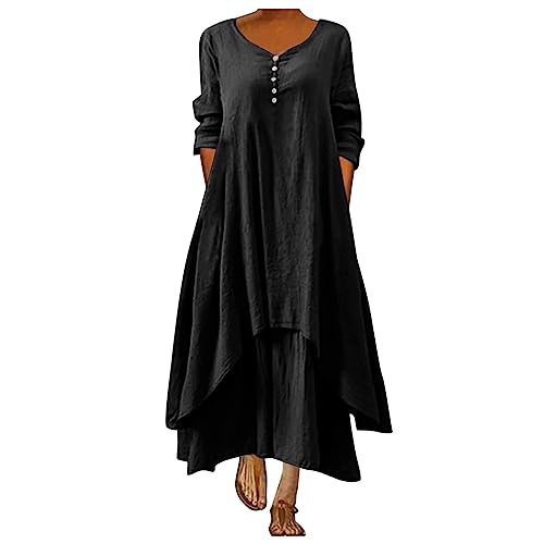 Vestido de lino para mujer, tallas grandes, vestido casual para mujer, verano, monocolor, caftán, boho, tallas grandes, con bolsillos, manga larga, cuello en V, pliegues, vestido largo de lino, capas