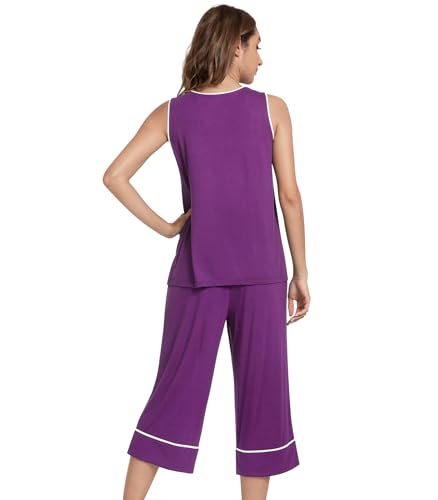 Image of NACHILA Pajamas Set for Women-Viscose Made from Bamboo, Tank Top with Capri Pants Pajama Cool Sleepwear Sleeveless Pjs