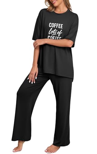 Image of PrinStory Womens Pajamas Sets 2 Piece Lounge Set Short Sleeve Tops and Long Pants Soft Pjs Loungewear with Pockets