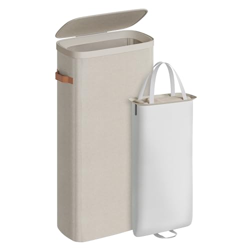 Image of SONGMICS Laundry Basket, 17.2 Gal. Laundry Hamper, Easy Assembly, with Lid and Handles, Removable Liner, 15.4 x 8.7 x 29.5 Inches, Cappuccino Beige ULCB810LH01