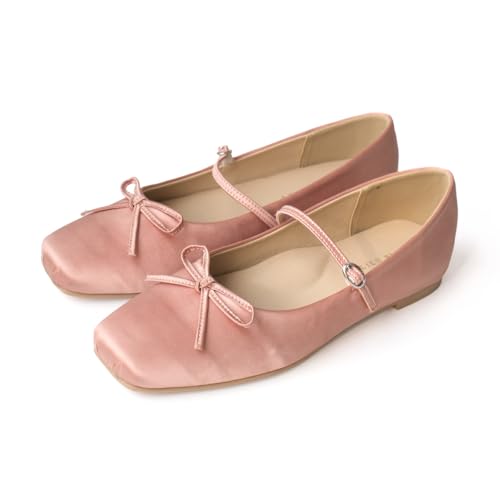 [アミアミ] 秒で履ける！スクエアトゥフラットバレエパンプス メリージェーン ローヒール ストラップ レディース (ピンクベージュ(サテン),23.0cm) SY025