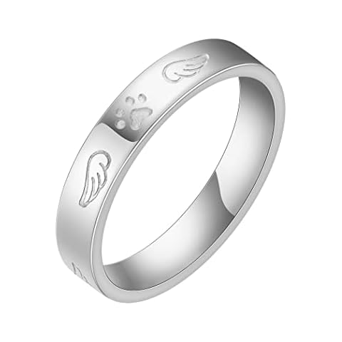 Pet Paw Engraved Ring with Angel Wings Stainless Steel Cat Dog Puppy Pup Paw Print Stackable Band Memorial Jewelry, Gemstone, No Gemstone Cover