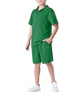 HOOGRIN Boys Summer Solid Color Short Sleeve Polo Shirt And Shorts Sets for Kids6-15 Years
