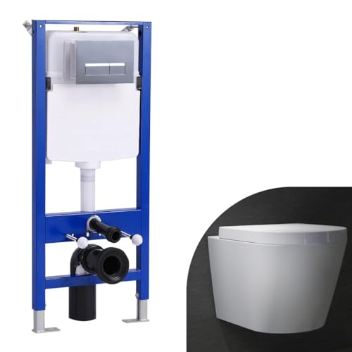 Bathroom Round Rimless Wall Hung Toilet with 1.14M Concealed Cistern Frame Set & Rectangular Sliver Dual Flush Plate